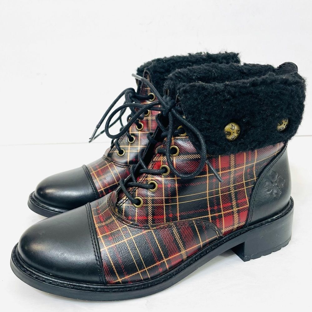 Patricia Nash Lia Cold Weather Booties Black and Red Plaid with Shearling Cuffs